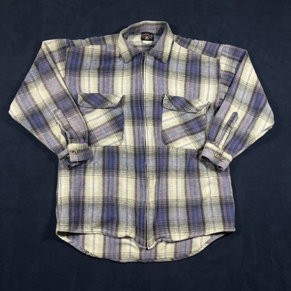 VTG 90s Bullhead Full Zip Flannel Shirt Jacket Plaid Made in USA Gray Purple S